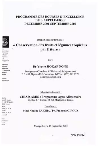 Conservation des fruits et legumes tropicaux par friture