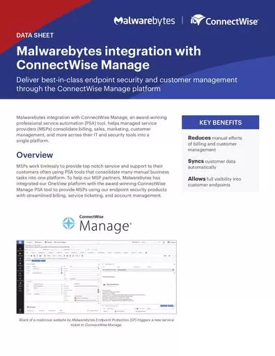 Malwarebytes integration connectwise manage data sheet 121720