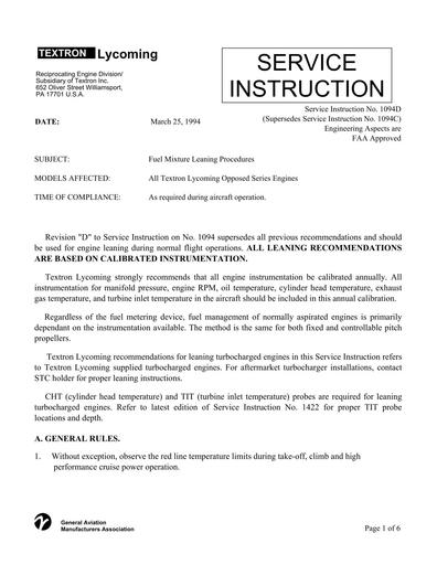 Lycoming service bulletin on Leaning Procedures SI1094D