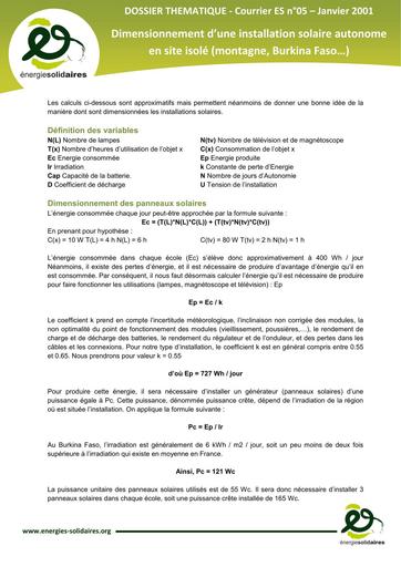 Dossier ES Dimensionnement installation solaire PV isole