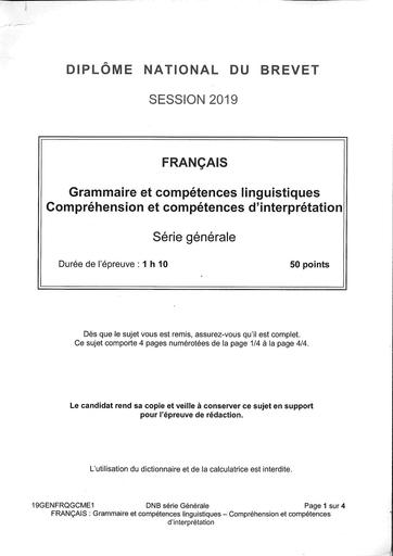 Sujet de Francais brevet 2019 France