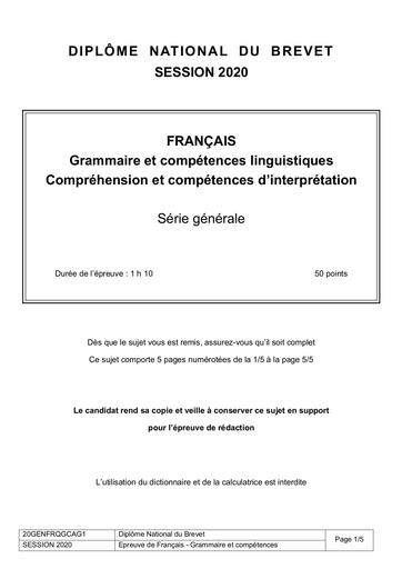 DNB A Grammaire et compréhension 2020