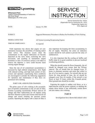 Lycoming SI1425a Preventing Stuck Valves
