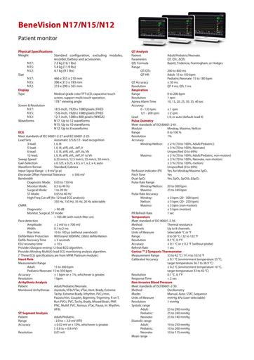 Mindray N12 N15 N17 Specs
