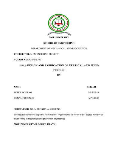 Design and fabrication of vertical axis wind turbine Kevin Asaria student project